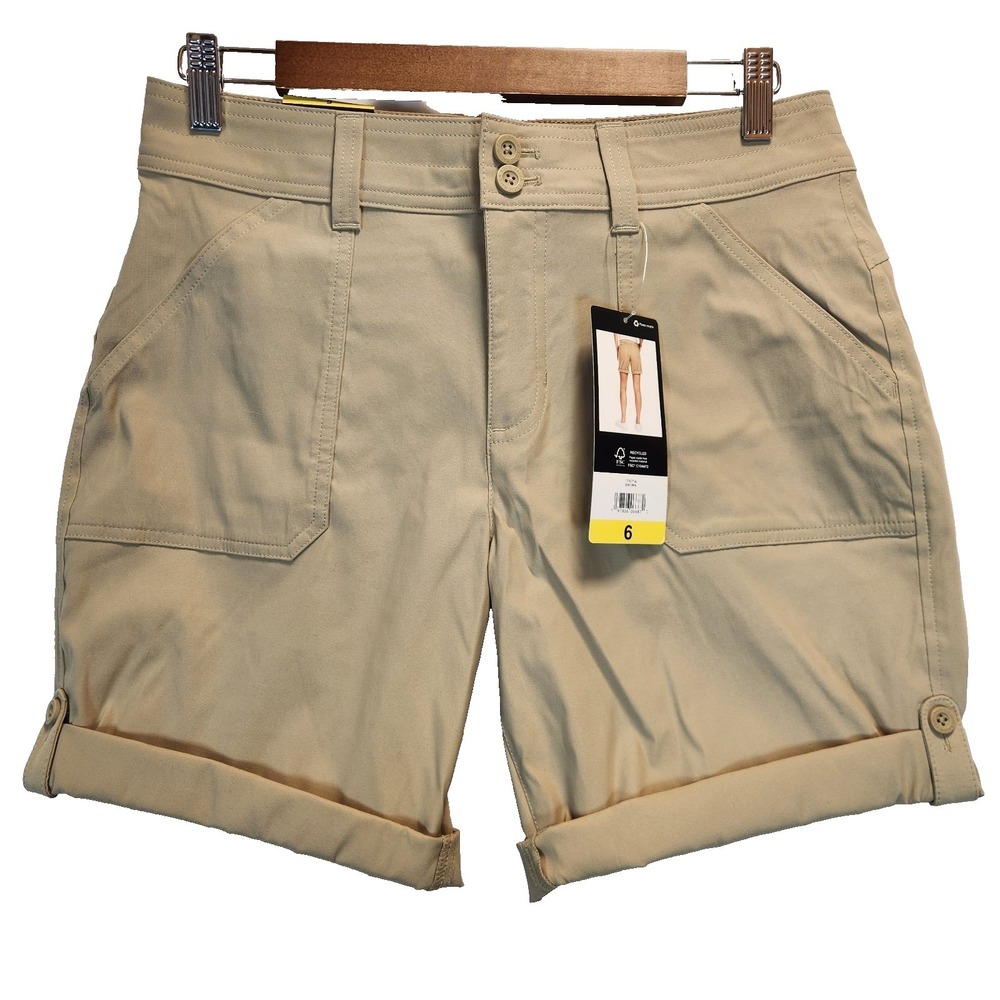 Eddie Bauer Women`s Size 6 Bermuda Cargo Rolled Hem Shorts Brown Stretch UPF 50